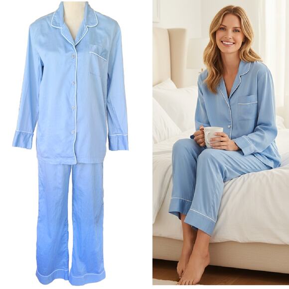 NATORI Cotton Sateen Notch PJ 2-Piece Pajama Set Size Small Bluebell - Picture 1 of 9